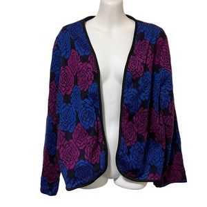 Vintage 80s Blair Purple Blue Floral Black Open Cardigan Sweater
